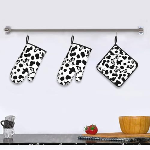 Cow Print Oven Mitts and Pot Holders Sets Heat Resistant for Kitchen BBQ Microwave Baking Grilling Cooks Set of 3 Black White Kitchen Oven Glove (3 Count)