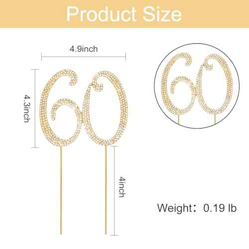 Gold 60th Birthday Cake Topper Rhinestones Cake Decorations for 60th Birthday Party