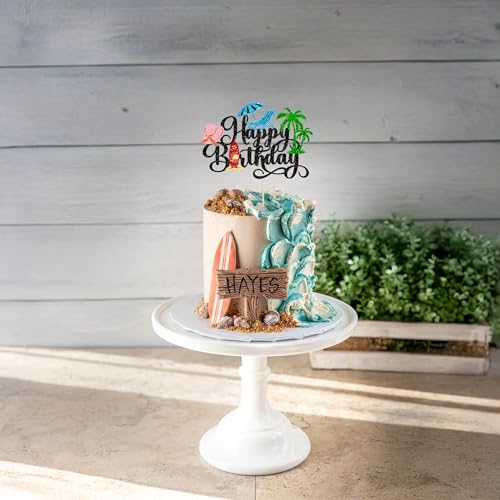 1Pcs Summer Beach Happy Birthday Cake Topper Glitter Ball Tree Umbrella Pool Cake Pick for Hawaiian Holiday Baby Shower Birthday Party Cake Decorations Supplies Black
