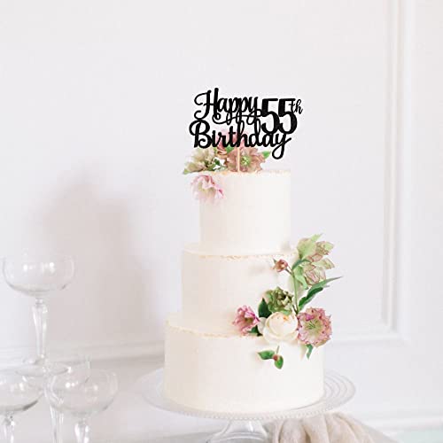 1 PCS Happy 55th Birthday Cake Topper Glitter Cheers to 55 Years Birthday Cake Pick 55 Fabulous Cake Decoration for Happy 55th Birthday Theme Party Decorations Supplies Black
