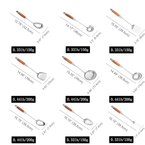 Stainless Steel Kitchen Utensils Set for Cooking Wooden Handle (9 Count)