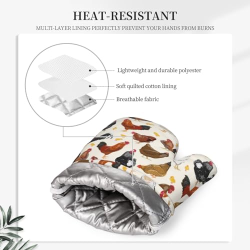 Rooster Hen Oven Mitts and Pot Holders Sets Silicone Rustic Domestic Animal Chicken Kitchen Mitts Potholders Heat Resistant 4Pcs Oven Gloves Hot Pads for Kitchen Baking Cooking BBQ Grilling (4 Count)