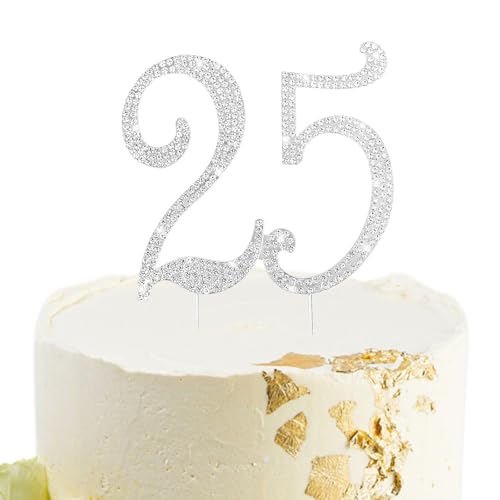 Silver 25th Birthday Cake Topper Rhinestones Cake Decorations for 25th Birthday Party