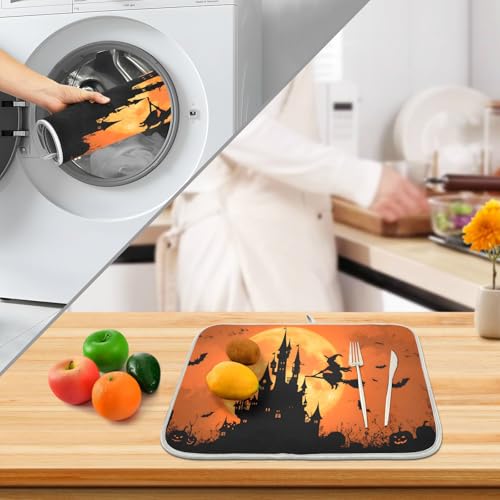 Halloween Witch Bat Castle Pumpkin Dish Drying Mat for Kitchen Counter Absorbent Microfiber Large Drying Pad Dish Mats for Kitchen Countertops 18 x 24 Inch
