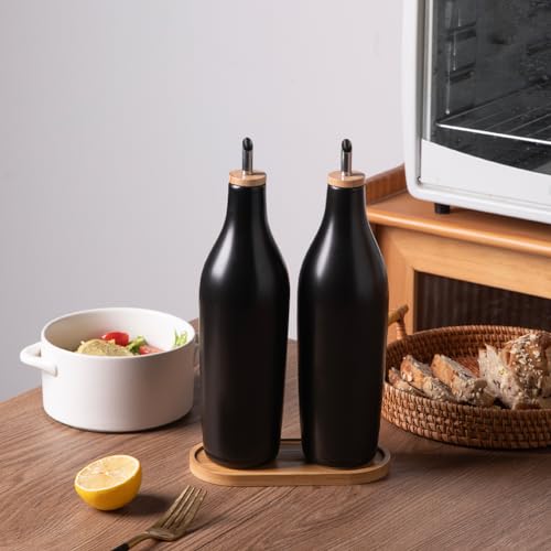 Sweejar Matte Ceramic Olive Oil Dispenser Bottles with Bamboo Tray