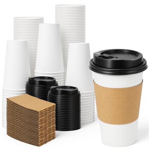 100 Pack 16 oz Disposable Coffee Cups With Lids and Sleeves (100 Count)