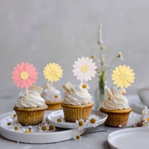 24Pcs Daisy Cupcake Toppers Glitter Flower Daisy Cake Decorations Chrysanthemum Cupcake Toppers Spring Daisy Flower Cake Picks for Birthday Wedding Supplies Multi 2 (24 Count)