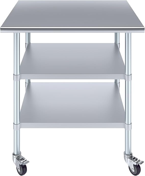 Stainless Steel Work Table with 2 Shelves and Casters
