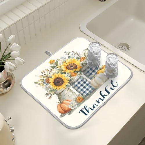 Autumn Pumpkin and Sunflower Floral Vase Dish Drying Mat for Kitchen Counter Absorbent Microfiber Large Drying Pad Dish Mats for Kitchen Countertops 18 x 24 Inch