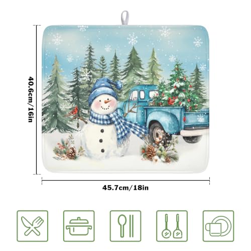 Winter Snowman Blue Dish Drying Mat Xmas Truck Dishes Pad 16"x18" Microfiber Absorbent Drainer Rack Mats Protector for Kitchen Counter Sink
