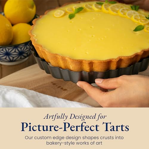 Fluted Tart Pan 9 Inch Removable Bottom with Patented Silicone Crust Shaper