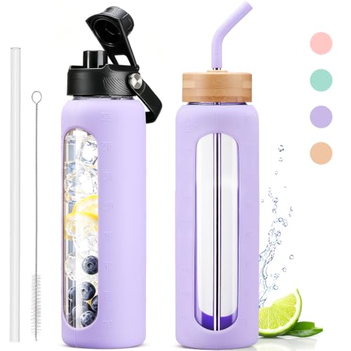 32oz Glass Water Bottle with Straw and 2 Lids
