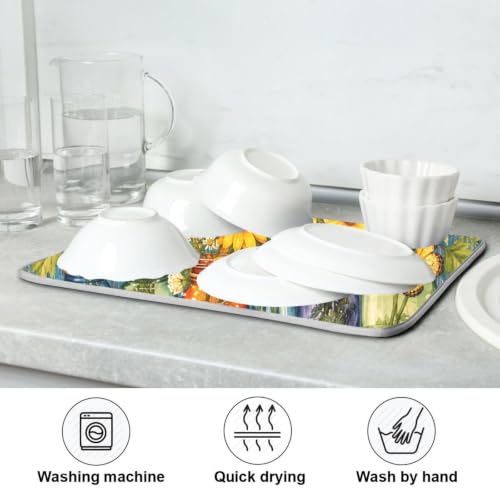 Daisy Flowers Vases Butterfly Dish Drying Mat for Kitchen Counter Absorbent Microfiber Drying Pad