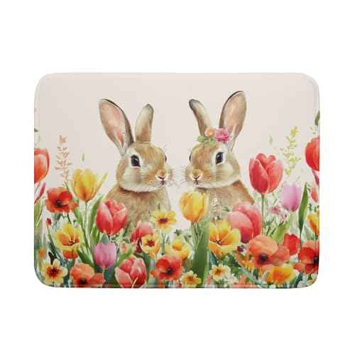 Easter Bunny Dish Drying Mat 18x24 inch Spring Floral Drying Pad Holiday Absorbent Microfiber Dishes Drainer Protector for Kitchen Counter