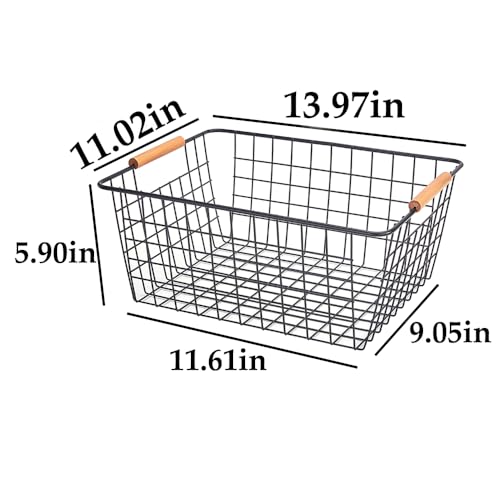 Large black wire baskets with Wooden Handles for storage pantry