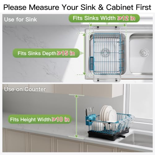 Blue Dish Drying Rack in Sink with Drainboard and Utensil Holder
