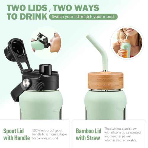 32 oz Glass Water Bottle with Straw and 2 Lids