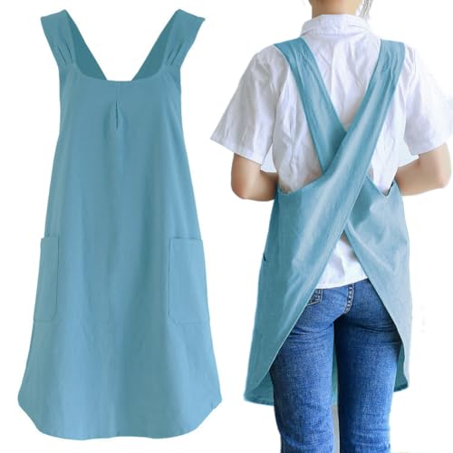 Japanese Cotton Cross Back Kitchen Cooking Aprons for Women with Pockets Cute for Baking Painting Gardening Cleaning Sky Blue