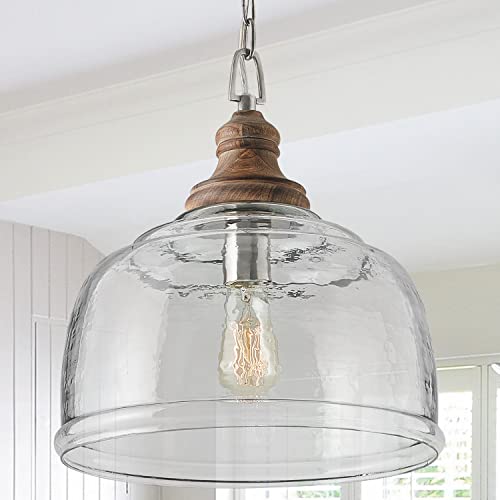 Capital Lighting 330318GY Julian Coastal Style Clear Organic Rippled Glass Pendant with Handcrafted Mango Wood Finial
