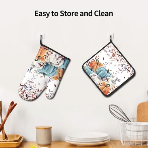 Fall Orange Pumpkin Oven Mitt Potholders Sets Eucalyptus Leaves Heat Resistant Oven Glove Set of 2 Kitchen Hot Pads for Cooking Baking BBQ