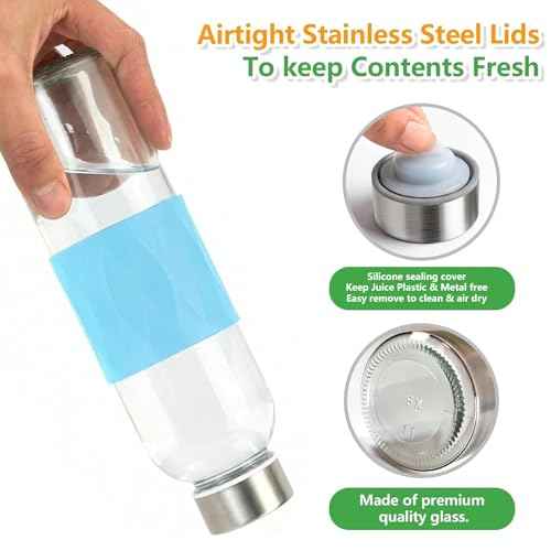 18 oz Glass Juice Bottles with Stainless Steel Lid Leak Proof 6 Pack (6 Count)