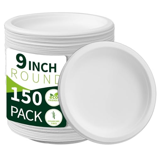9 Inch Compostable Paper Plates 【White150 Pack】 (150 Count)