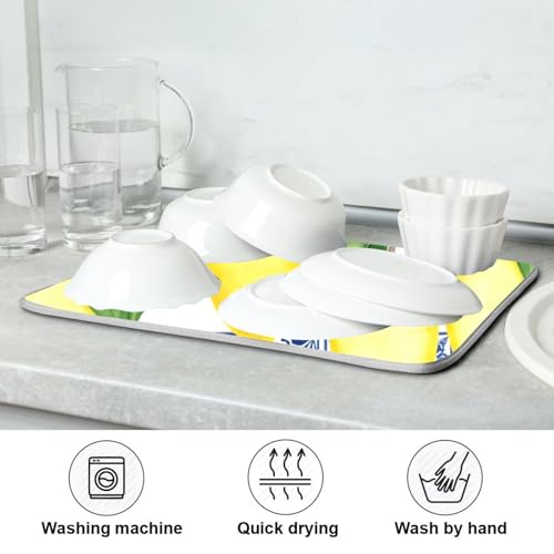 Lemon Blue Tiles Dish Drying Mat for Kitchen Counter Absorbent Microfiber Drying Pad