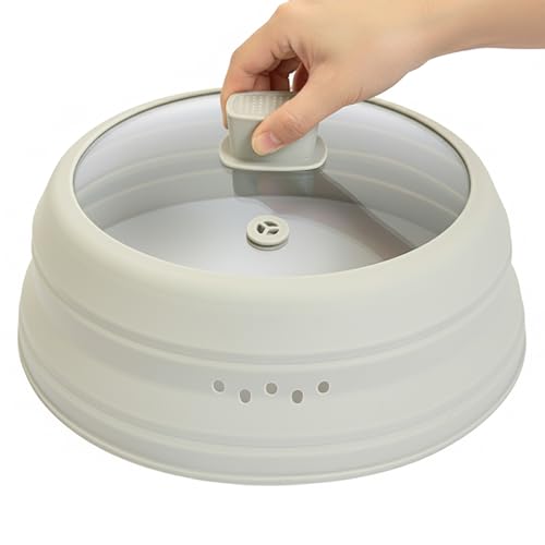 Microwave Splatter Cover Glass Microwave Cover for Food Collapsible Splatter Guard Lid with Silicone Handle for Pot Plate Bowl 10.8 Inch Gray