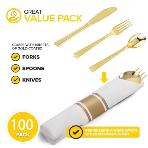 400PCS Pre Rolled Gold Plastic Silverware Set Heavy Duty for Wedding (400 Count)