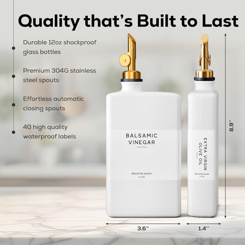White Glass Olive Oil Dispenser Bottle for Kitchen by Brighter Barns (2 Count)