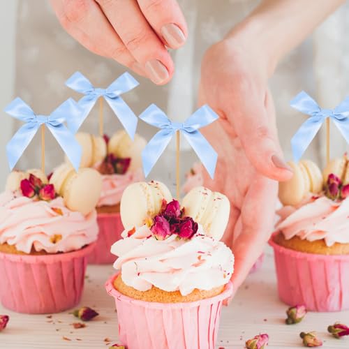 Dusty Blue Bow Cupcake Toppers (40 Count)