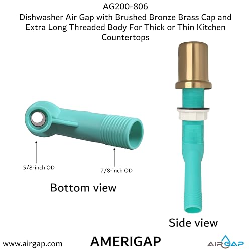 Dishwasher Air Gap with Skirted Brushed Bronze Brass Cap and Extra Long Threaded Body for Thick or Thin Kitchen Countertops