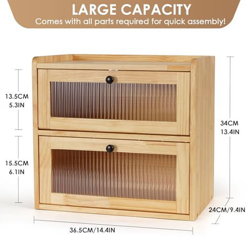 Bread Box for Kitchen Countertop Wooden Bread Storage Container Bin 2 Layer Breadbox Holder Large Capacity Keeper Vintage Farmhouse Food Organizer Pantry Shelf Acrylic Window（Wood color）