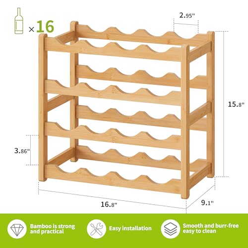 Bamboo Wine Rack Wine Storage Cabinet Shelf 16 Bottle Wine Racks Countertop Sturdy for Kitchen Dining Room Pantry