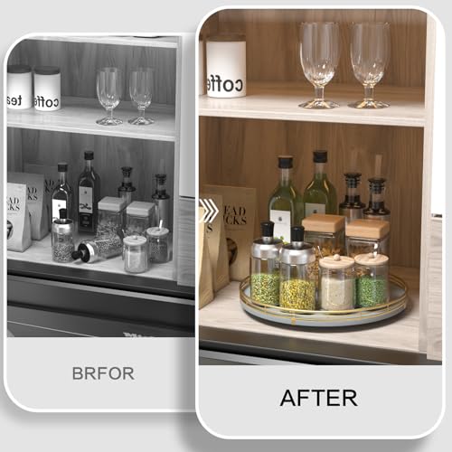 13 Inch Gray Wooden Lazy Susan Spice Organizer with Gold Rail