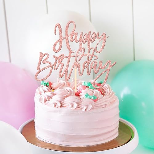 1 PCS Happy Birthday Cake Topper Glitter Happy Birthday Cake Pick for Celebrating Happy Birthday Anniversary Theme Party Cake Decorations Supplies Rose Gold