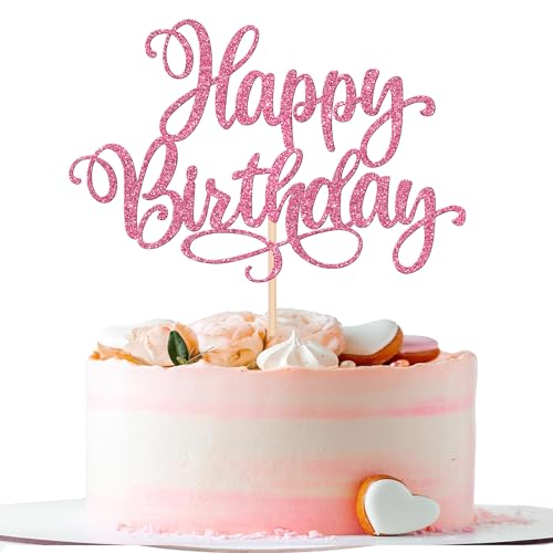 1 PCS Happy Birthday Cake Topper Glitter Happy Birthday Cake Pick for Celebrating Happy Birthday Anniversary Party Cake Decorations Supplies Pink