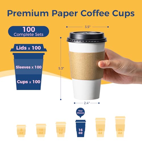 16 oz 100 Pack To Go Coffee Cups with Lids and Sleeves (100 Count)