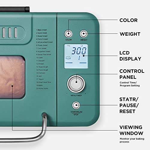 20-in-1 2LB Bread Maker Metal Bread Machine with Dual Heater, Green
