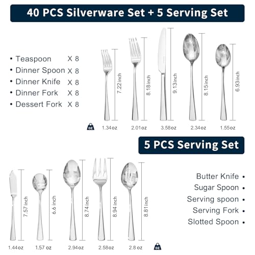 45 Piece Silverware Set for 8 with Serving Utensils (45 Count)