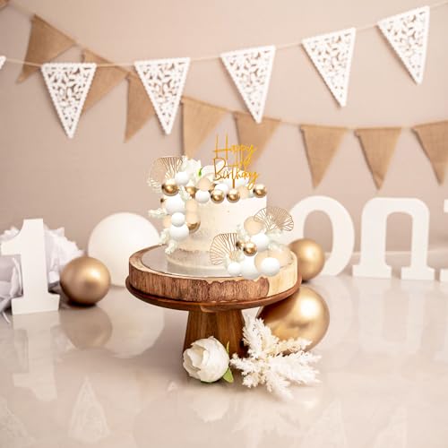 57Pcs Khaki Balls Cake Topper Boho Grass Cake topper Pearl Balls Acrylic Happy Birthday Cake Decorations for Wedding Baby Shower Birthday Boho Themed Party Supplies Khaki White Gold (57 Count)