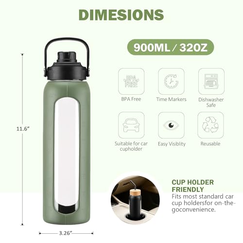 32 oz Glass Water Bottle with Straw and 2 Lids