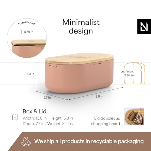 Bread Box I Metal Box for long lasting freshness I Bread Bin with bamboo lid usable as cutting board I 13.8x7.7x5.3 In