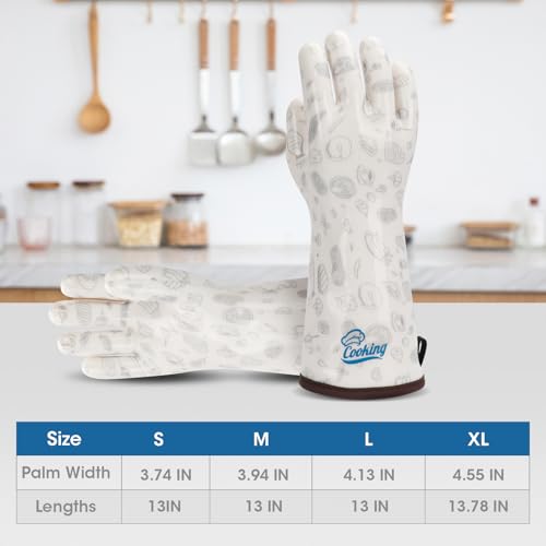 Heat Resistant Gloves Oven Hot Mitts with Fingers Silicone Oven Glove for Cooking Baking Grilling BBQ Cute Print White Large