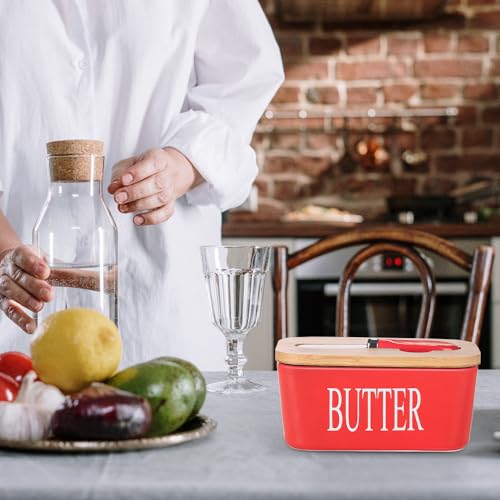 Ceramic Butter Dish with Bamboo Lid and Stainless Steel Knife Spreader