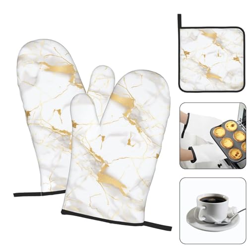 White Gold Marble Oven Mitts and Pot Holders Sets of 3 Heat Resistant Oven Gloves Hot Pads Non (4.33 Count)