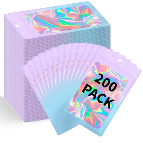 200 Pack Resealable Mylar Holographic Bags Food Storage Smell Proof Bags with Front Window Foil Packaging Pouch for Candy Sample Jewelry Small Business 3.54×6.29 Inch (200 Count)