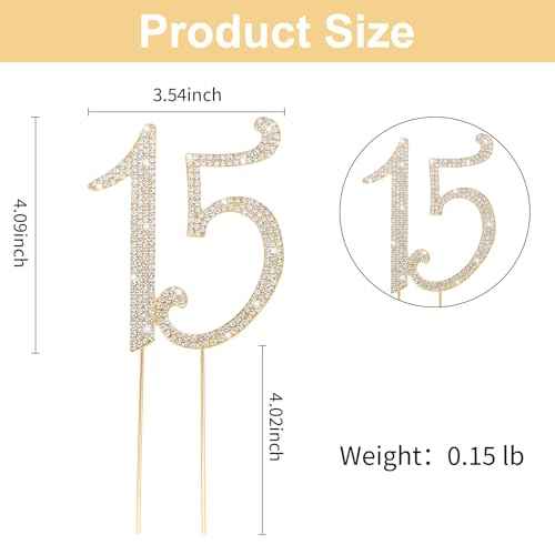 Gold 15th Birthday Cake Topper Rhinestones Cake Decorations for 15th Birthday Party