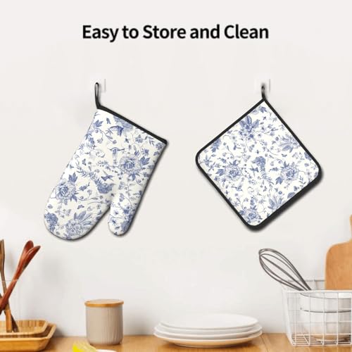 Chinoiserie Flower Oven Mitts and Pot Holder Blue Leaves Heat Resistant 2Pcs Washable Oven Gloves Hot Pads for Kitchen Baking Grilling BBQ
