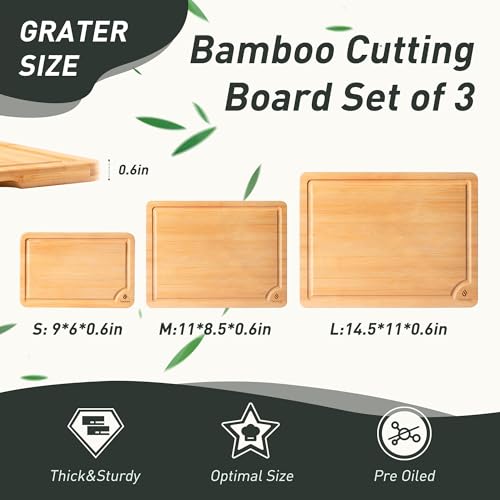 Bamboo Cutting Board Set Non Slip Feet with Holder Over Sink Kitchen Gadgets Charcuterie & Chopping Board Apartment Essentials New Home Must Haves Things Stuff Accessories House Housewarming Gifts (3 Count)